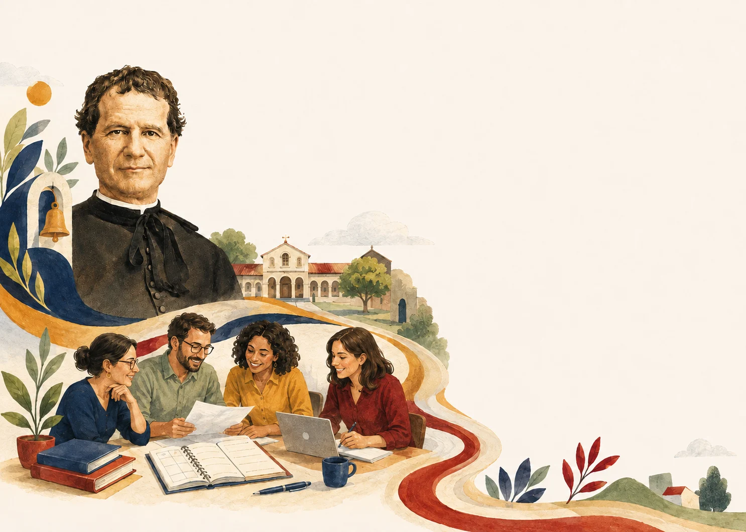 Ilustração de Dom Bosco e de quatro colaboradores reunidos para organizar a rotina escolar.